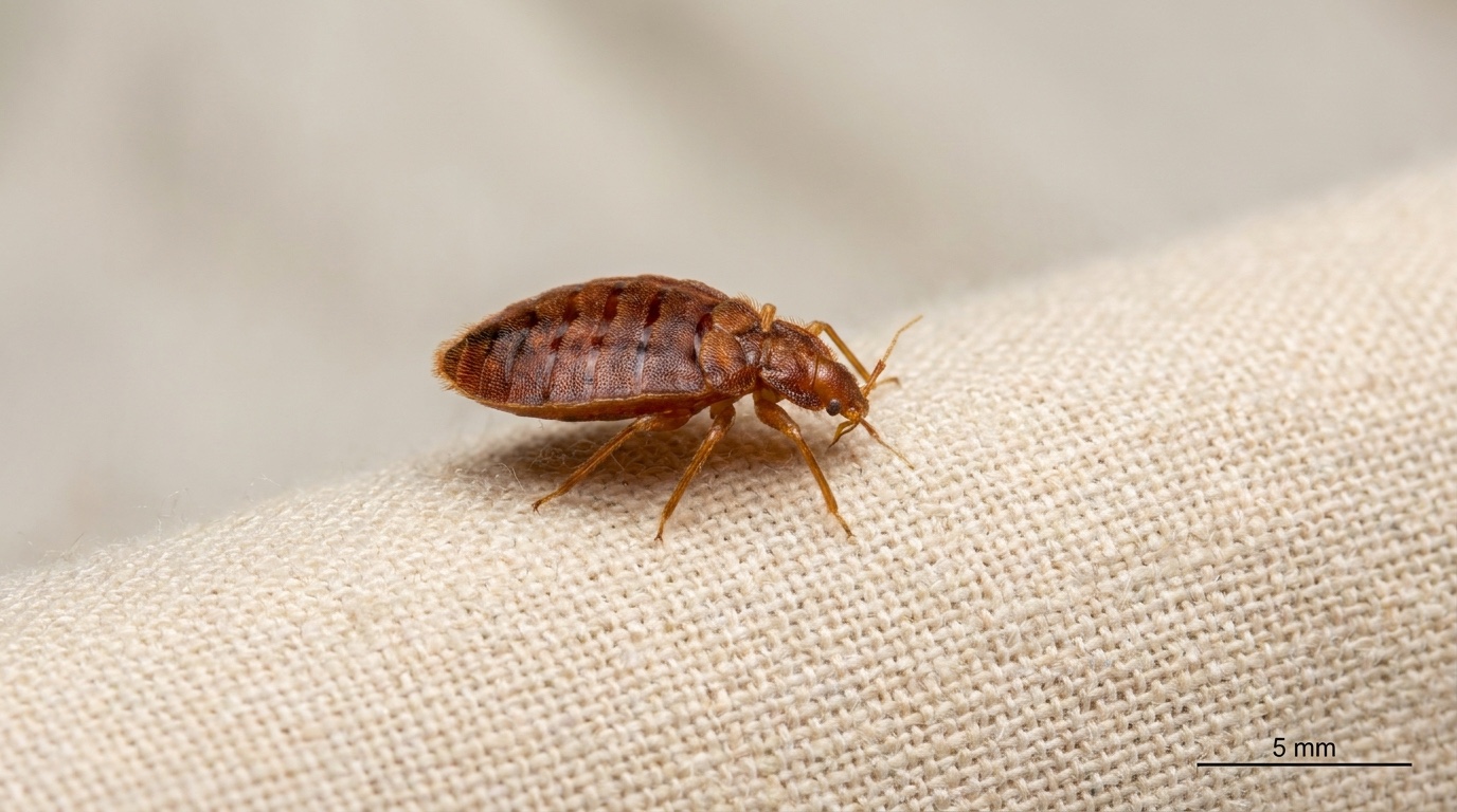 Photo macro d'une punaise de lit adulte (Cimex lectularius) sur couture de matelas